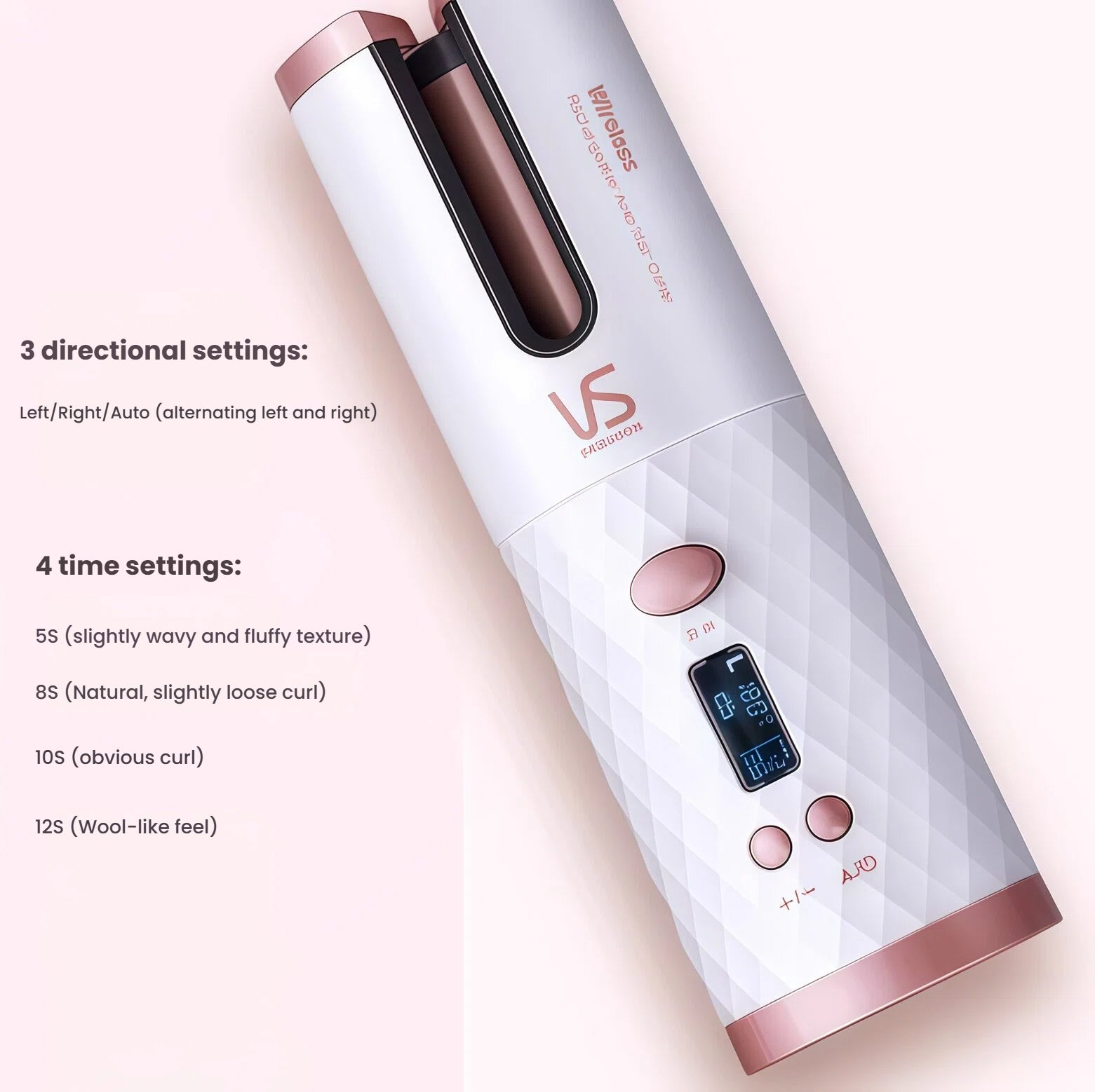 Side view of VS Unbound Shine-Pro cordless auto curler showing digital LCD display and control panel. Features 3 directional settings (Left/Right/Auto) and 4 timer options: 5S, 8S, 10S, 12S for various curl styles.