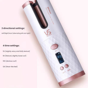 Side view of VS Unbound Shine-Pro cordless auto curler showing digital LCD display and control panel. Features 3 directional settings (Left/Right/Auto) and 4 timer options: 5S, 8S, 10S, 12S for various curl styles.