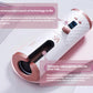 Top-down view of VS Unbound Shine-Pro cordless auto curler on a pink tray. Highlights ceramic inner roller, LCD screen showing temperature and time, and smooth operation for gentle, damage-free curls.