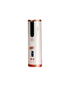 Front view of the Vidal Sassoon VS Unbound Shine-Pro cordless auto curler in white and rose gold. Sleek cylindrical design with digital LCD screen, control buttons, and automatic curling barrel visible.