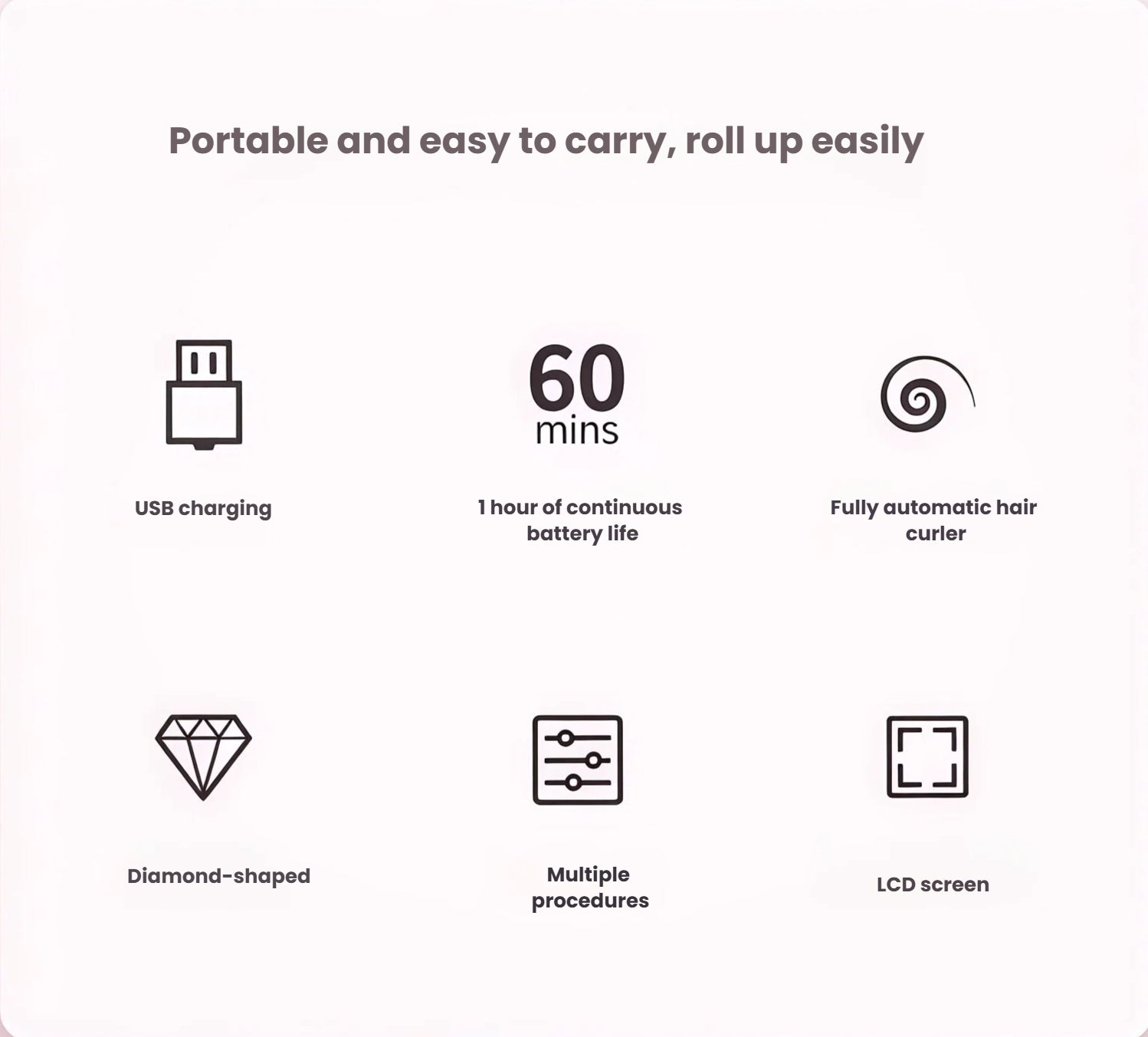 Feature summary of VS Unbound Shine-Pro cordless auto curler: USB charging, 60 minutes continuous battery life, fully automatic curling, diamond-shaped design, multiple curl programs, and built-in LCD screen for real-time control.