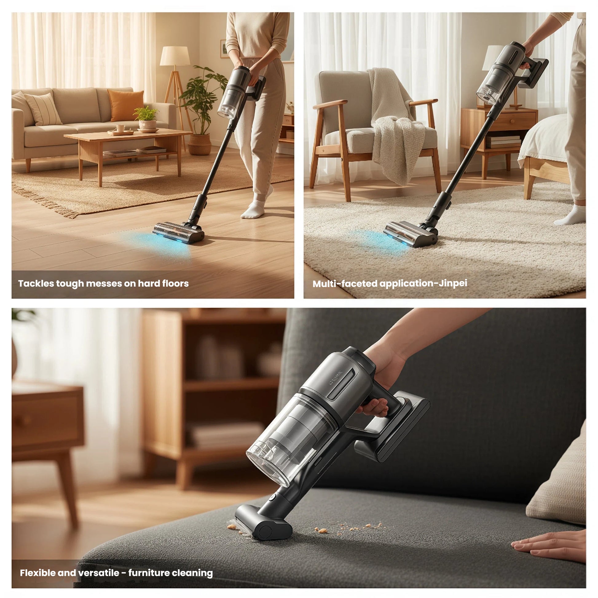 A collage demonstrating the Dreame Z30 Station's versatility. It shows the vacuum effortlessly cleaning tough messes on hard floors, deep cleaning carpets, and being used in its handheld form to remove debris from a fabric sofa, proving it's an all-in-one cleaning solution