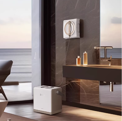 The ECOVACS Winbot W2 Pro is shown cleaning a large marble wall in a luxurious, modern bathroom with an ocean view, highlighting its versatility for cleaning various smooth surfaces beyond just windows.