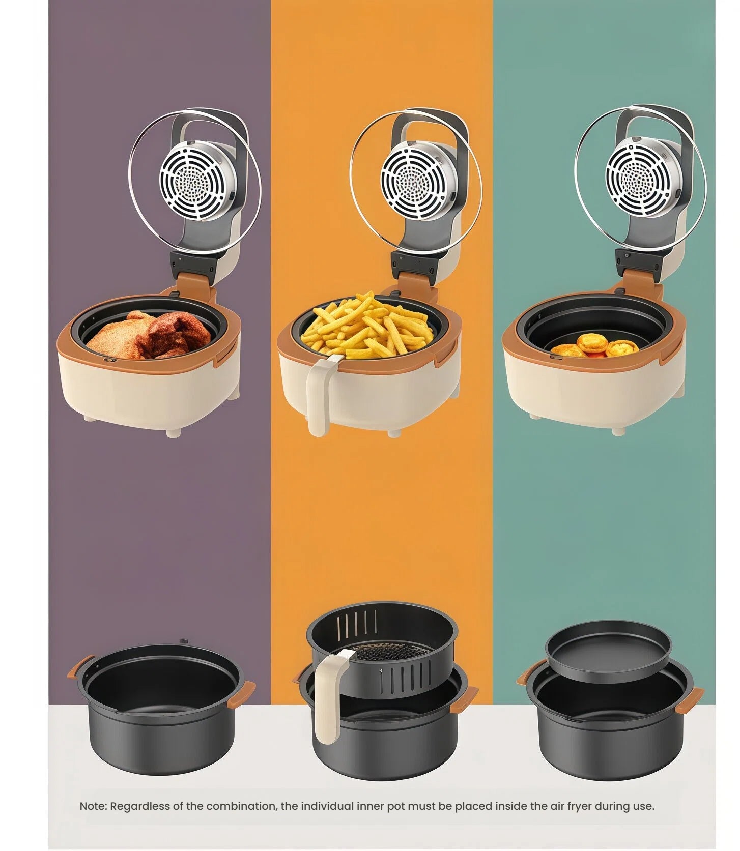 A demonstration of the Liren air fryer's versatile cooking configurations, showing the different basket and pan combinations used to cook chicken, a full basket of French fries, and egg tarts.