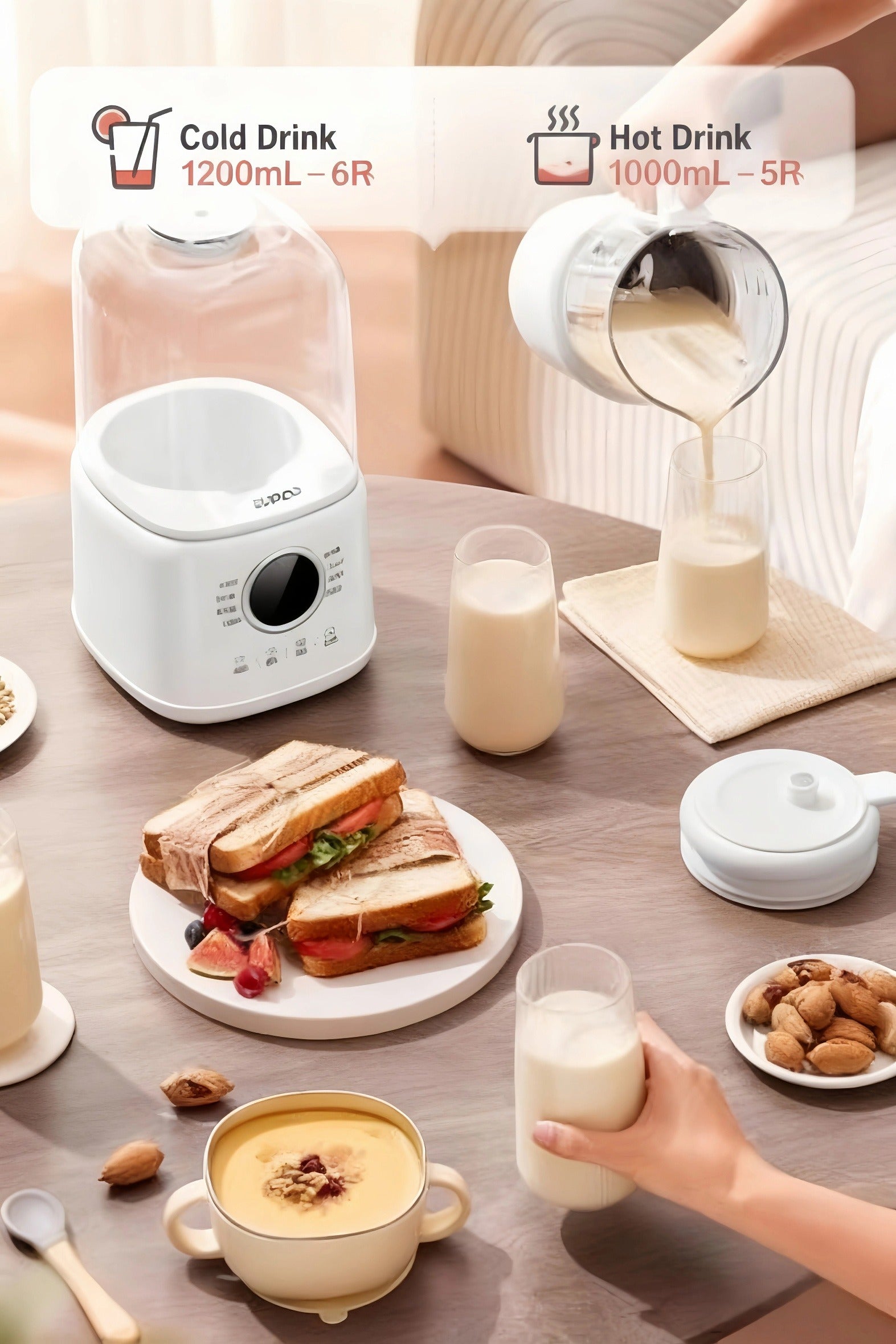 A lifestyle image showing the SUPOR blender as part of a healthy breakfast. It highlights its dual capacity: 1200ml for cold drinks like juices and 1000ml for hot drinks like the freshly poured soy milk shown, perfect for serving a family.