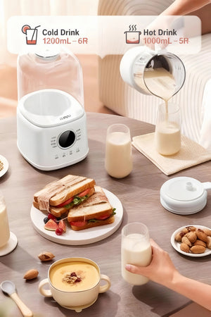 A lifestyle image showing the SUPOR blender as part of a healthy breakfast. It highlights its dual capacity: 1200ml for cold drinks like juices and 1000ml for hot drinks like the freshly poured soy milk shown, perfect for serving a family.