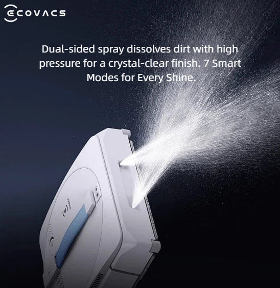 A close-up of the ECOVACS WINBOT W1S demonstrating its powerful, dual-sided spray system that dissolves dirt with a fine mist for a crystal-clear, streak-free finish.