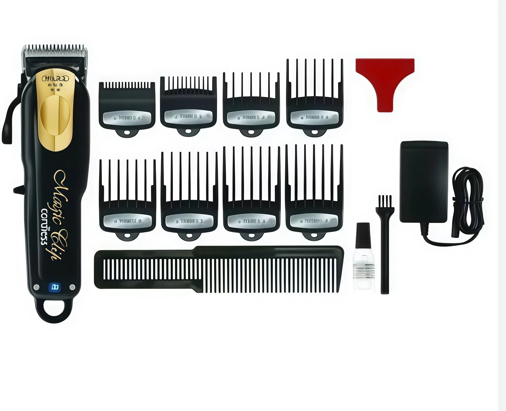 Complete set of accessories included with the Wahl Cordless Hair Clipper, showcasing various comb attachments and tools.