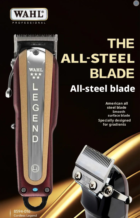 Wahl Cordless Legend Clipper with an all-steel blade, emphasizing its durability and sharpness.