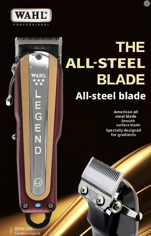 Wahl Cordless Legend Clipper with an all-steel blade, emphasizing its durability and sharpness.