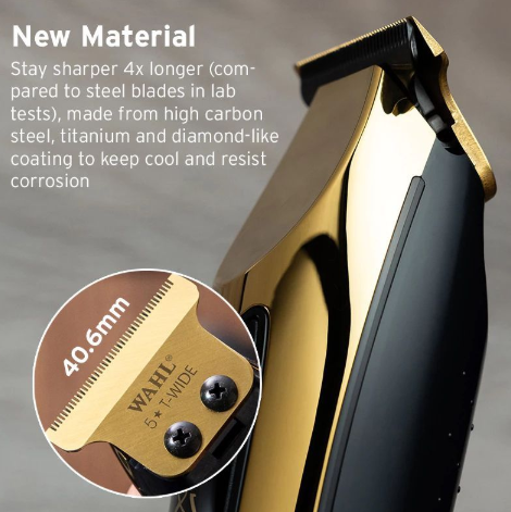 Close-up of Wahl Detailer-Wide Trimmer's blade, emphasizing its high carbon steel, titanium, and diamond-like coating for sharpness and corrosion resistance.
