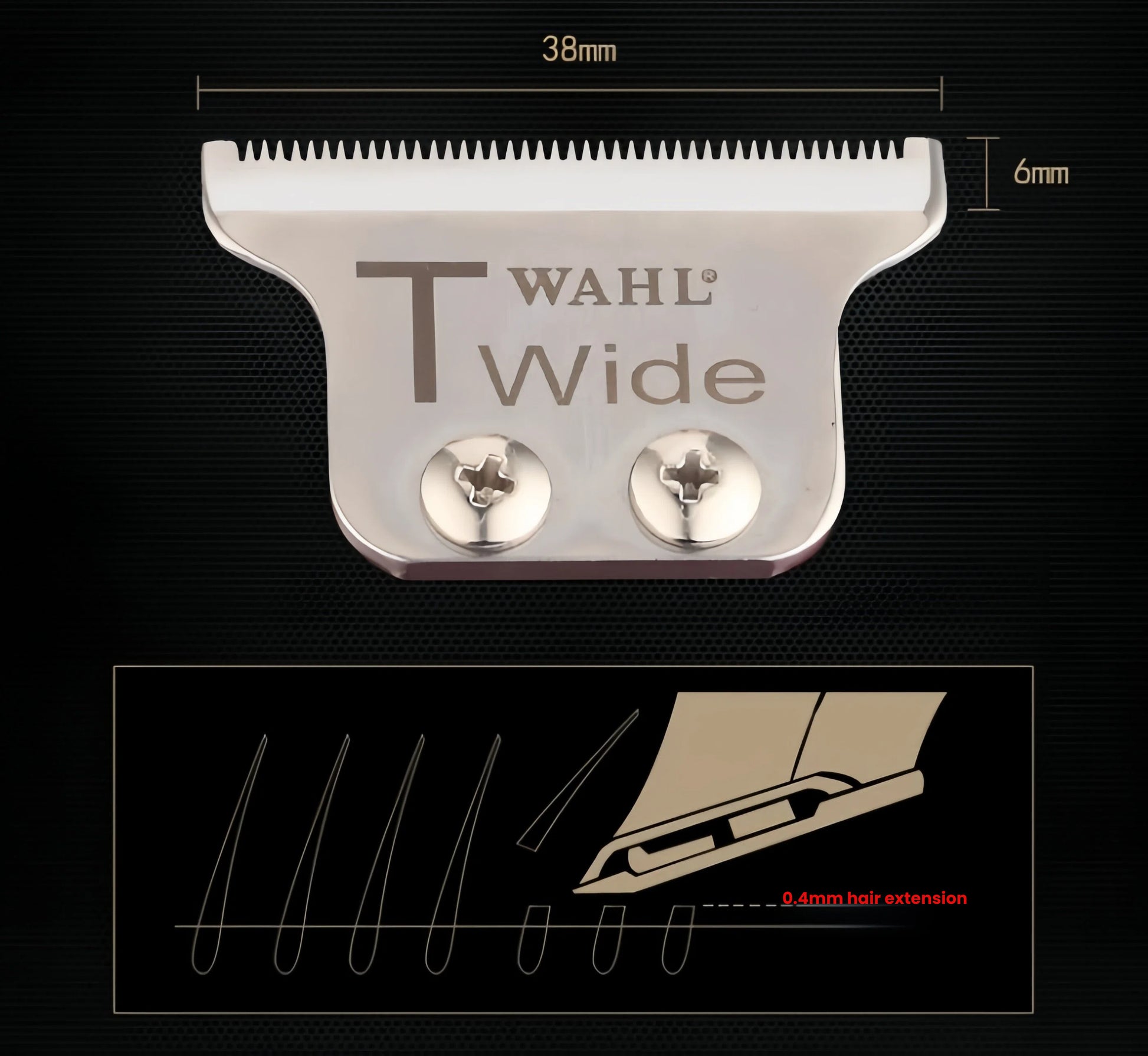 Wahl Detailer-Wide Trimmer's T-Wide blade with a 38mm width and 6mm height, designed for precise cutting.