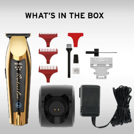 Wahl Detailer-Wide Trimmer with its complete set of accessories including guide combs, cleaning brush, and charging cable.