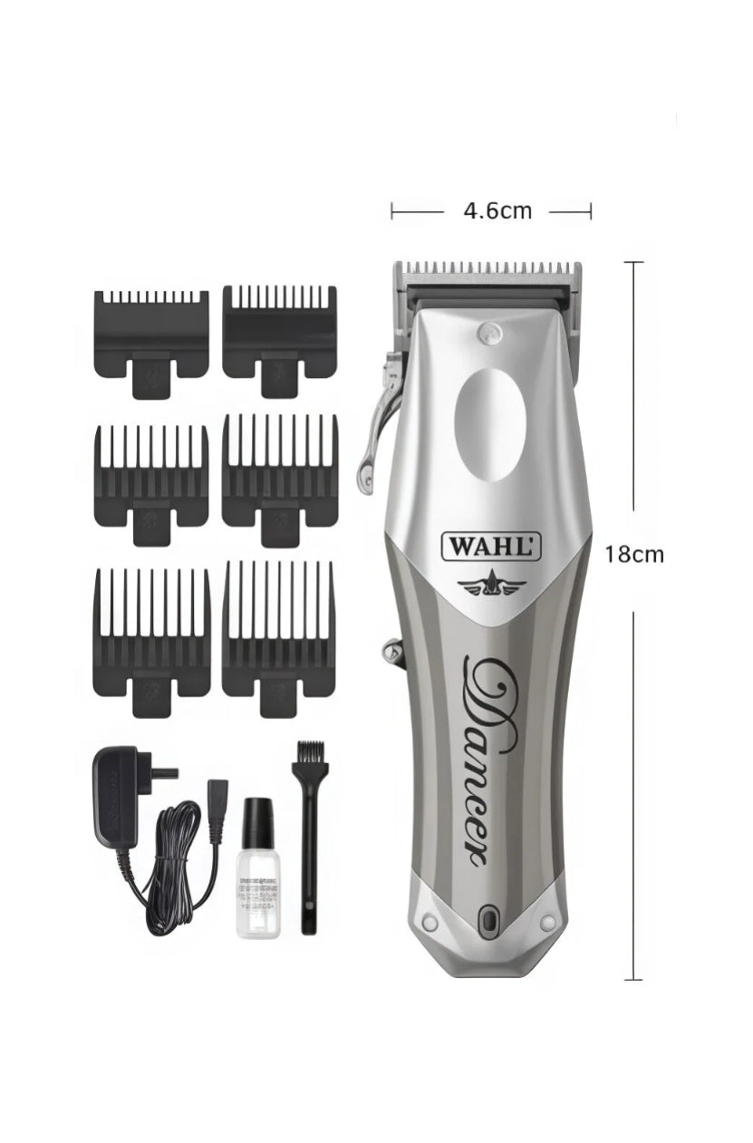Wahl Launch Hair Clipper with dimensions and complete set of accessories including combs, charger, and cleaning tools.