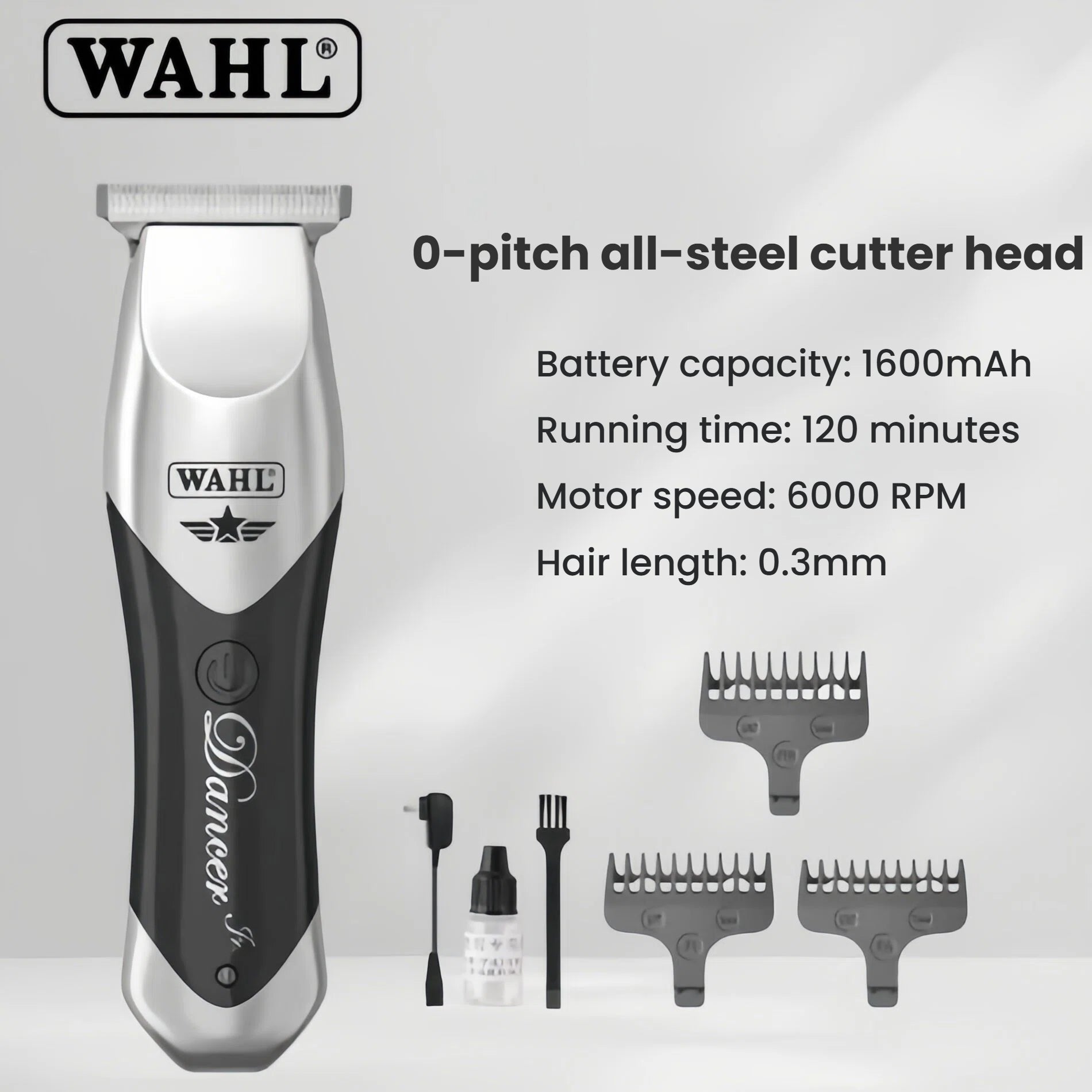 Wahl Launch Hair Clipper with listed features such as battery capacity, running time, motor speed, and hair cutting length.
