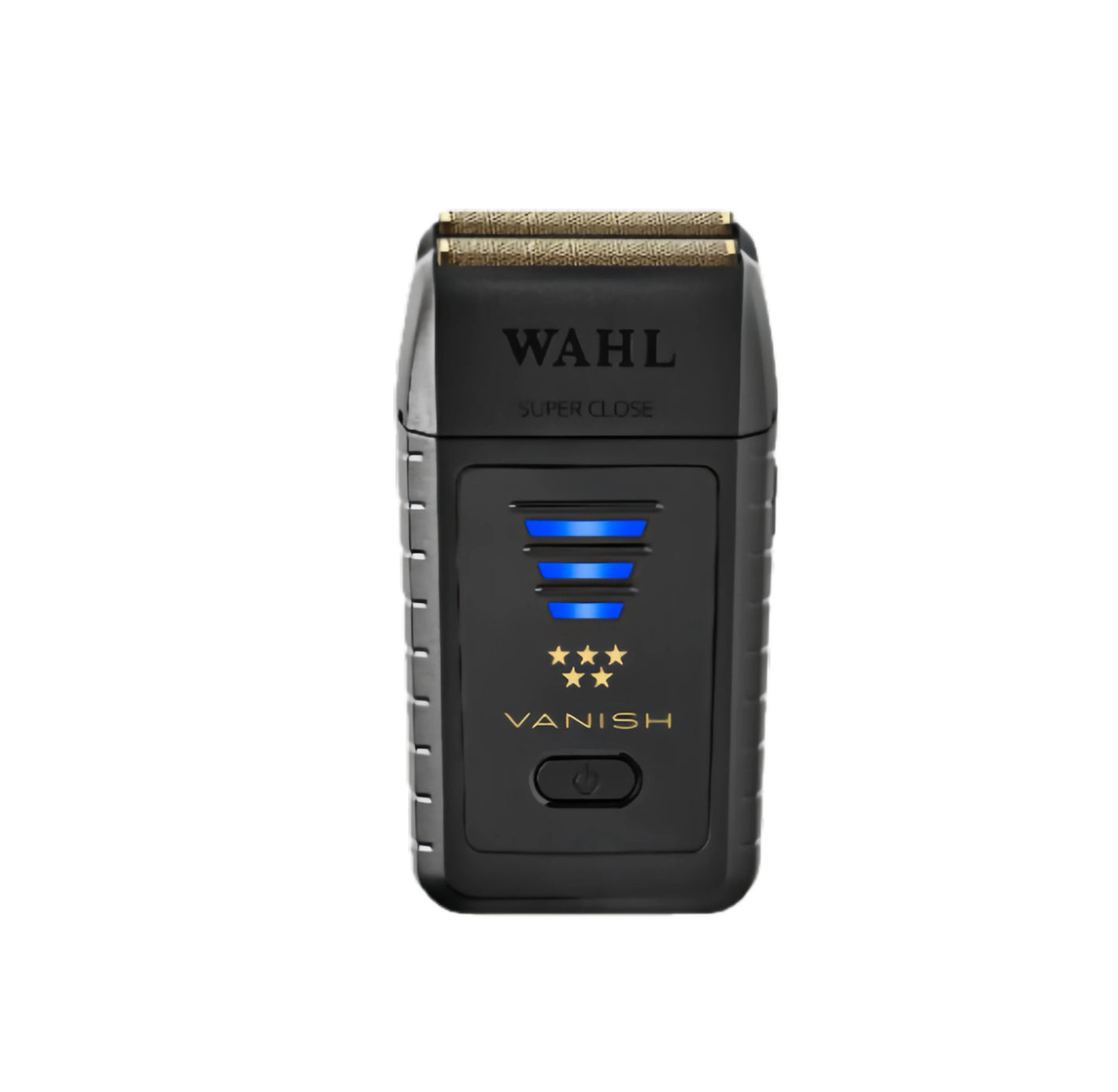 Front view of the Wahl Professional 5-Star Series Vanish Shaver showcasing its sleek design and blue battery indicators.