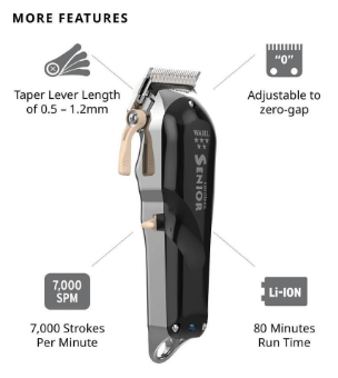 Wahl Professional 5-Star Series Cordless Senior Clipper's key features, including taper lever, zero-gap adjustment, and runtime.