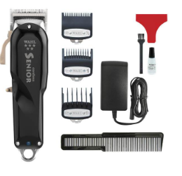 Contents of the Wahl Senior Clipper box, including the clipper, combs, charger, and cleaning brush.