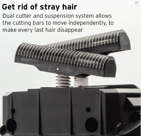Detail of Wahl Shaver's dual cutter and suspension system that allows independent movement of cutting bars for precise hair removal.