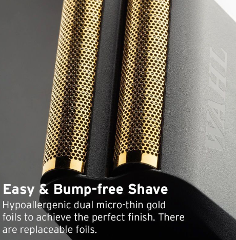 Close-up of Wahl Shaver's hypoallergenic dual micro-thin gold foils for achieving a perfect shave with replaceable foils.