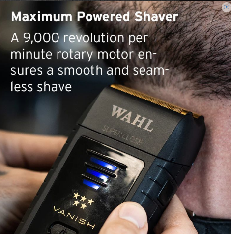 Wahl Shaver in action, highlighting its 9,000 RPM rotary motor for a smooth and seamless shave.