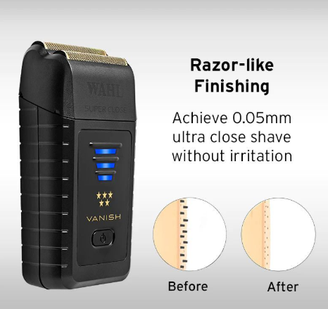 Wahl Shaver demonstrating its razor-like finishing ability with a 0.05mm ultra-close shave without irritation.