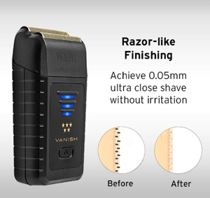 Wahl Shaver demonstrating its razor-like finishing ability with a 0.05mm ultra-close shave without irritation.