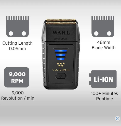 Wahl Shaver specifications including cutting length, blade width, RPM, and battery runtime, emphasizing its high performance.
