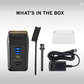 Contents of the Wahl Shaver box displayed, including the shaver, comb, charging cord, and cleaning brush.