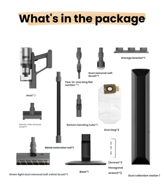 An organized layout of everything in the Dreame Z10 Station package. This includes the main host, green light soft velvet brush, electric mite removal brush, extension rod, dust collection station, dust bags, and all other included nozzles and brackets.