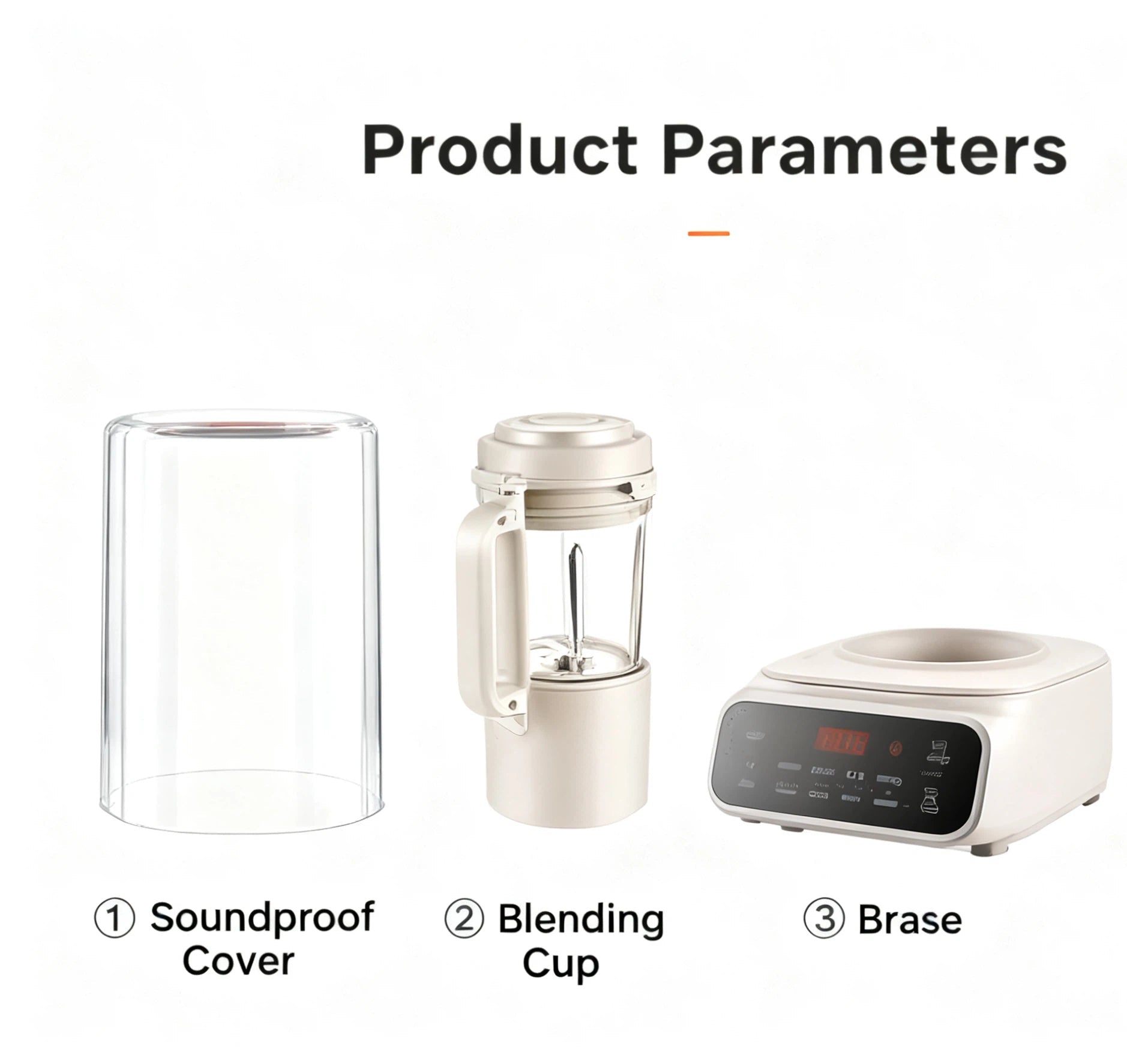 An image displaying all the components included with the SUPOR blender: the soundproof cover, the blending cup, the smart base, a cleaning brush, and a measuring cup.