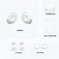 An overview of the contents included with the Samsung Galaxy Buds FE, showing the white earbuds, charging case, Type-C data cable, multiple sizes of ear wings, and ear covers.

