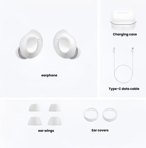 An overview of the contents included with the Samsung Galaxy Buds FE, showing the white earbuds, charging case, Type-C data cable, multiple sizes of ear wings, and ear covers.
