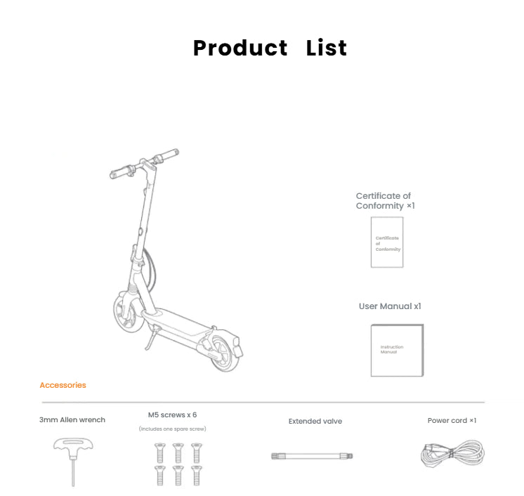 The complete product list for the Segway MAX G2, showing the scooter, user manual, and included accessories: Allen wrench, screws, extended valve, and power cord.