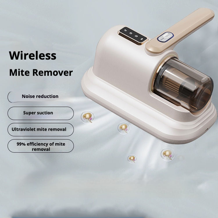 Image of a compact handheld vacuum cleaner in a beige and white color scheme. The vacuum features a transparent dustbin and a simple control panel on top of the handle. The design is sleek and minimalistic, suitable for efficiently cleaning small areas or furniture