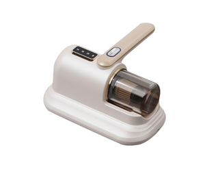 Image of a compact handheld vacuum cleaner in a beige and white color scheme. The vacuum features a transparent dustbin and a simple control panel on top of the handle. The design is sleek and minimalistic, suitable for efficiently cleaning small areas or furniture