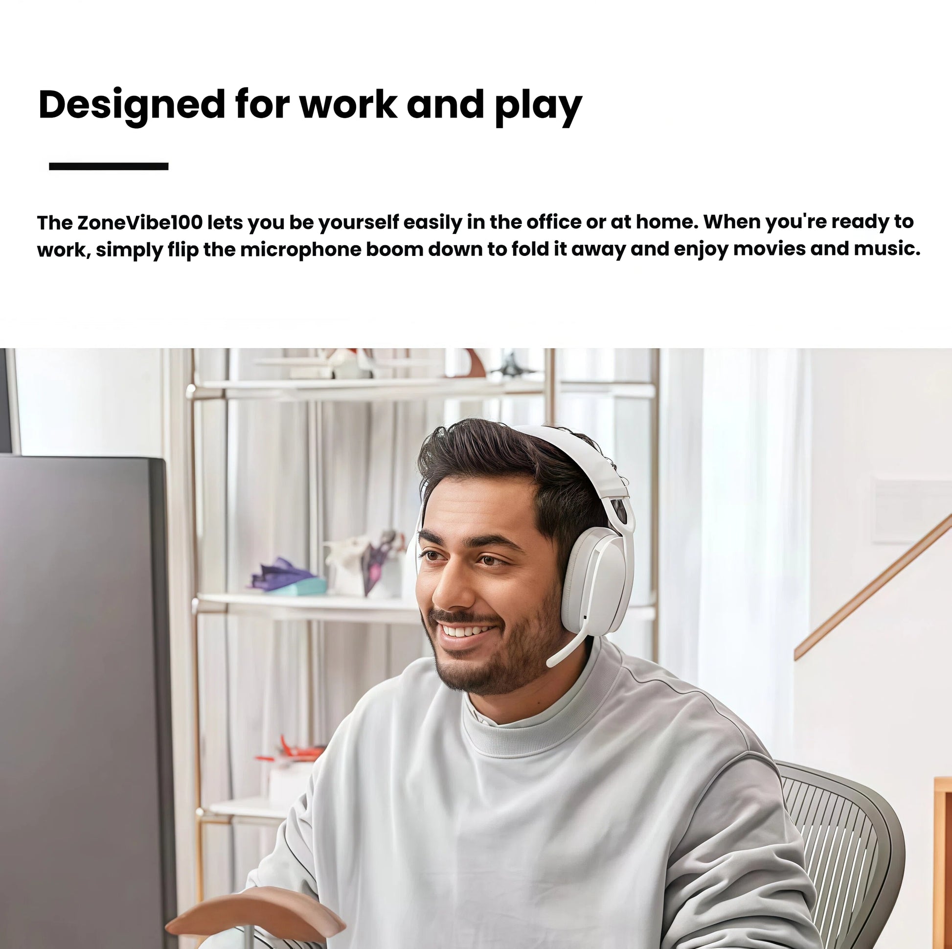 Smiling user wearing the off-white Zone Vibe 100 with the microphone flipped down for a call, demonstrating the headset’s dual-purpose design for productivity and entertainment.