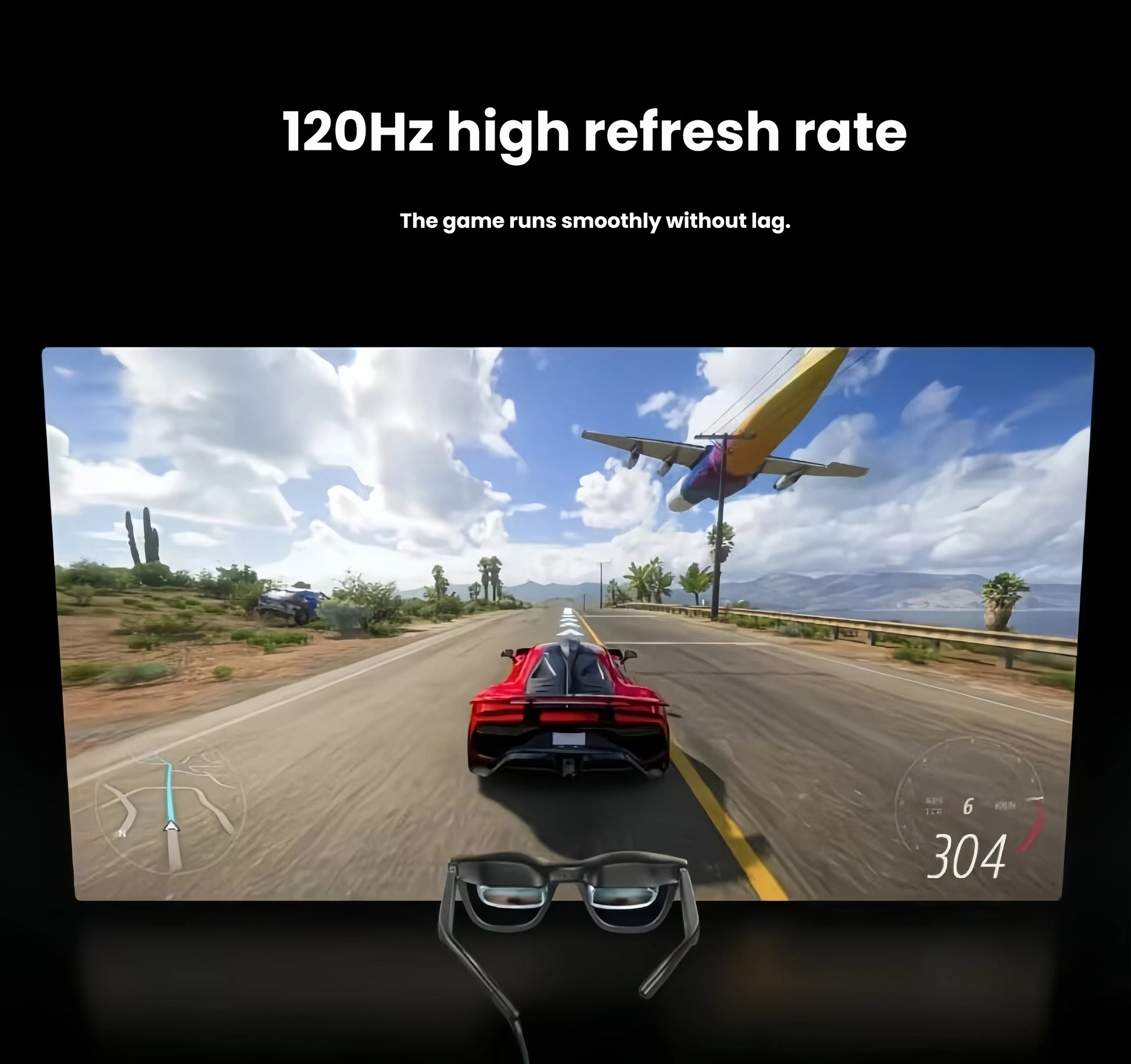  Forza Horizon gameplay on a giant virtual screen viewed through XREAL Air 2 AR glasses, highlighting smooth 120 Hz refresh rate.