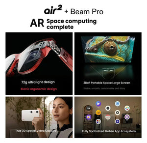  Collage showcasing 72 g bionic design, 3DoF portable screen, true 3D spatial video capture, and full mobile app ecosystem with XREAL Air 2 & Beam Pro.
