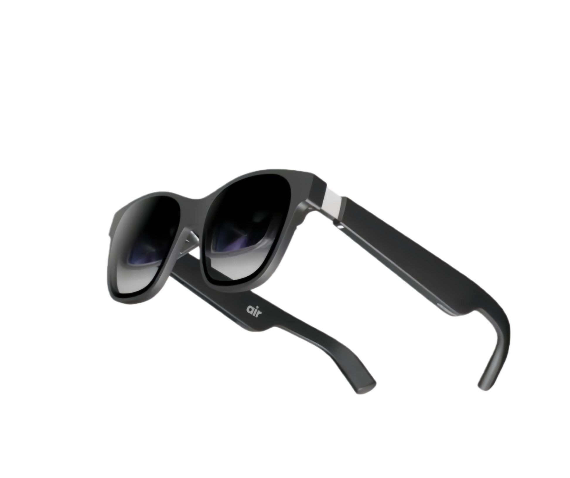 Studio shot of folded black XREAL Air 2 AR glasses, highlighting sleek, travel-ready design.