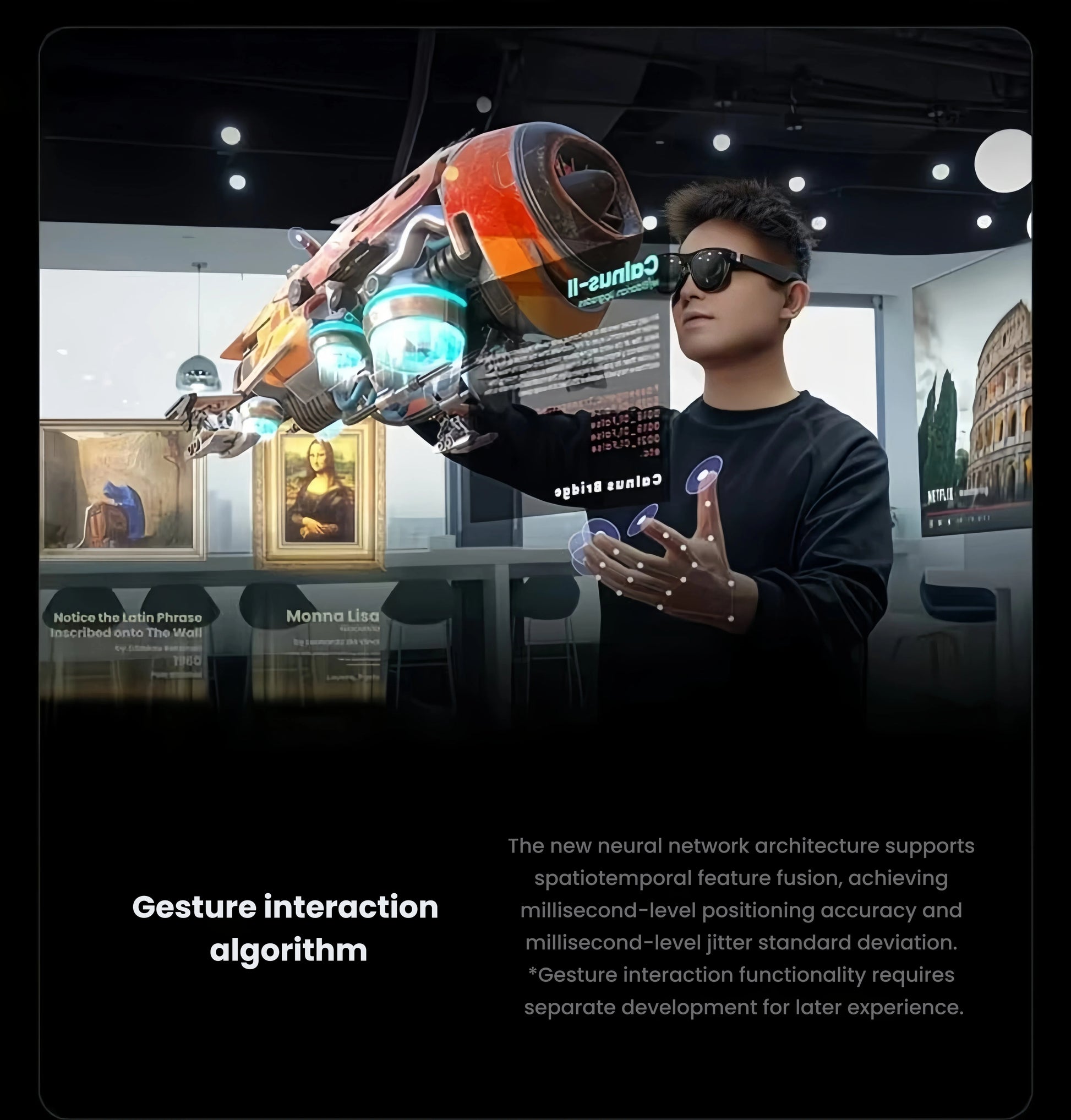 Man using XREAL Air 2 Ultra AR glasses to manipulate 3D holograms with sub-millisecond gesture tracking in a gallery setting.