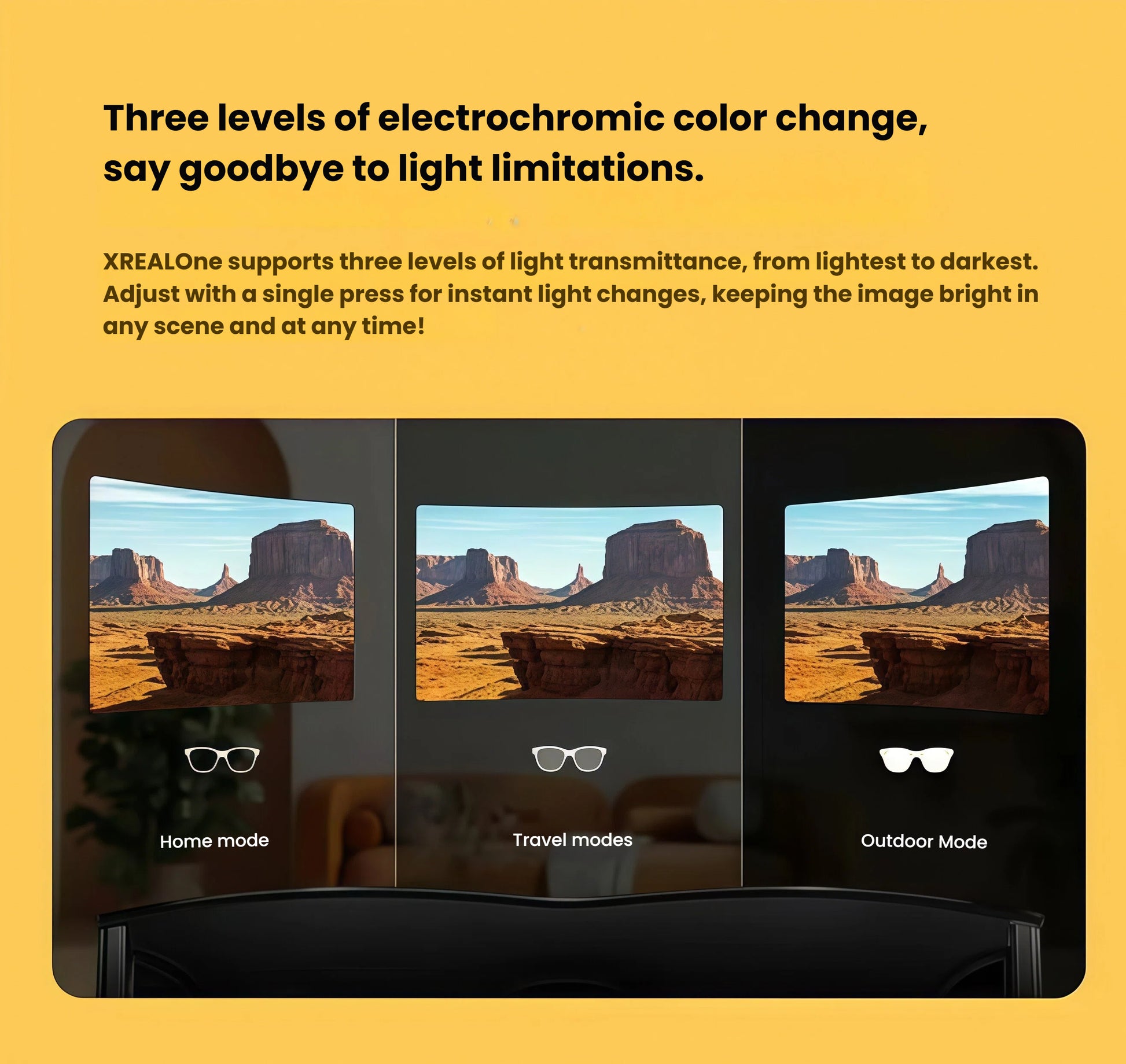 XREAL One AR glasses showcasing three electrochromic tint levels for Home, Travel, and Outdoor modes.