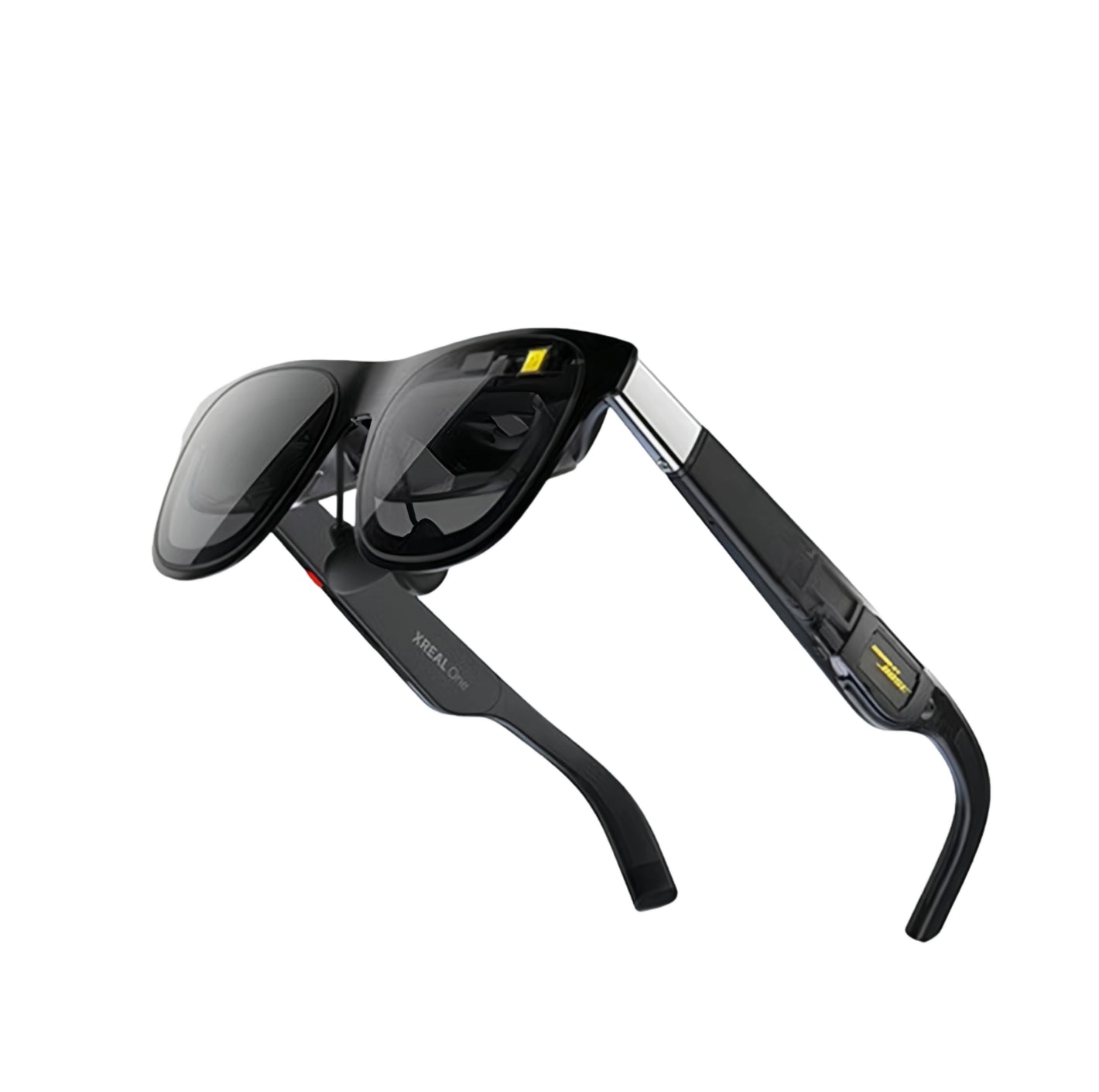 Studio shot of black XREAL One AR glasses with tinted lenses and metallic accents.