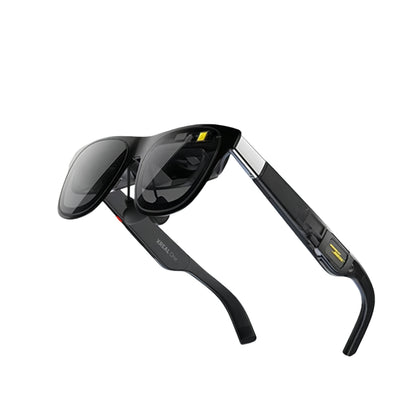 Studio shot of black XREAL One AR glasses with tinted lenses and metallic accents.