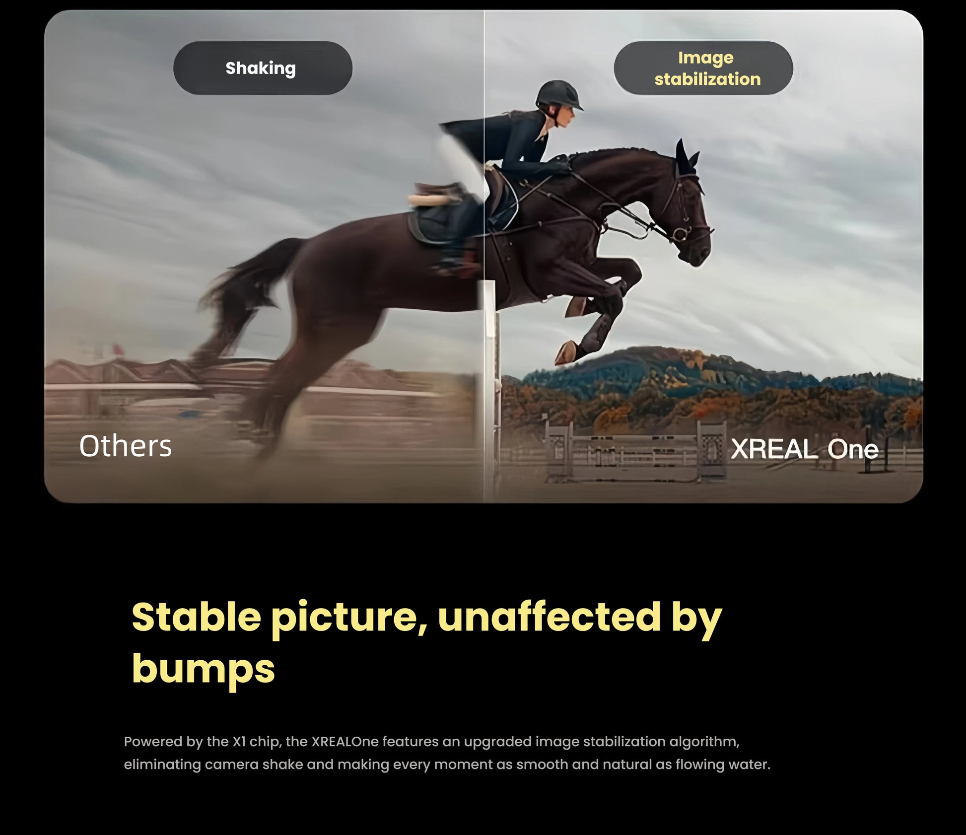 Split-screen horseback ride showing XREAL One’s stable image vs shaky competitors, powered by X1 chip.
