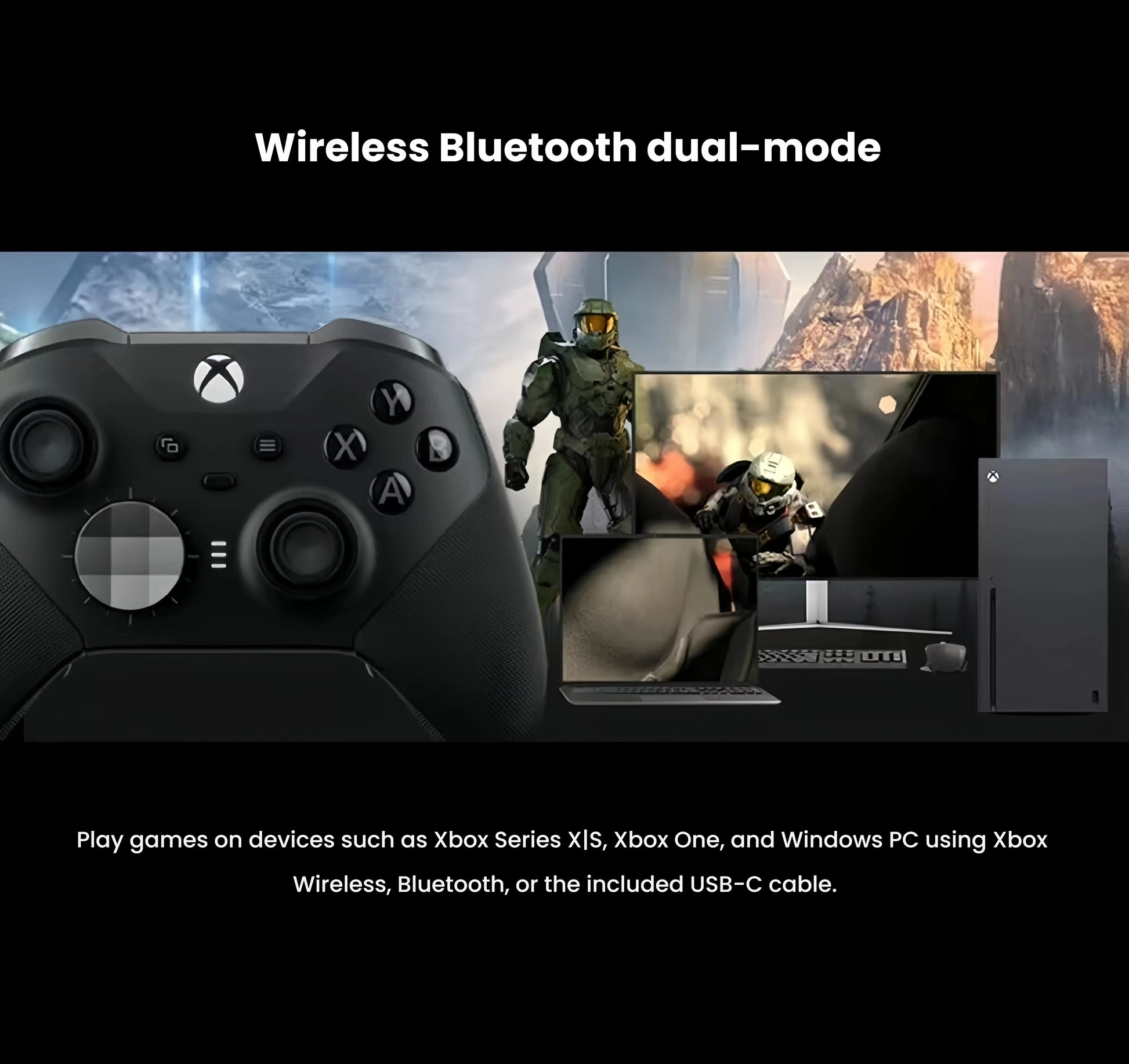Black Xbox Elite Series 2 controller supports Xbox Wireless, Bluetooth, and USB-C for Xbox Series X|S, Xbox One, and Windows PC.