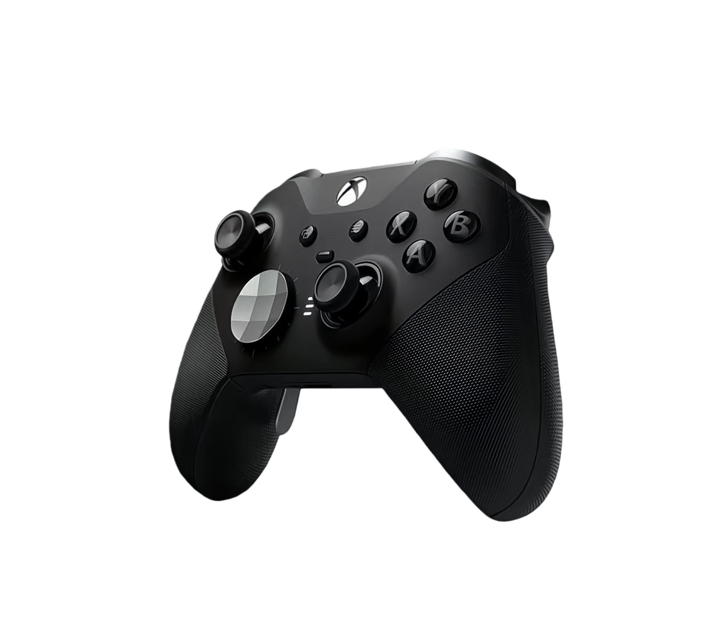 ¾ front view of black Xbox Elite Series 2 wireless controller featuring textured grips, metal triggers, and interchangeable D-pad.