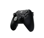 ¾ front view of black Xbox Elite Series 2 wireless controller featuring textured grips, metal triggers, and interchangeable D-pad.