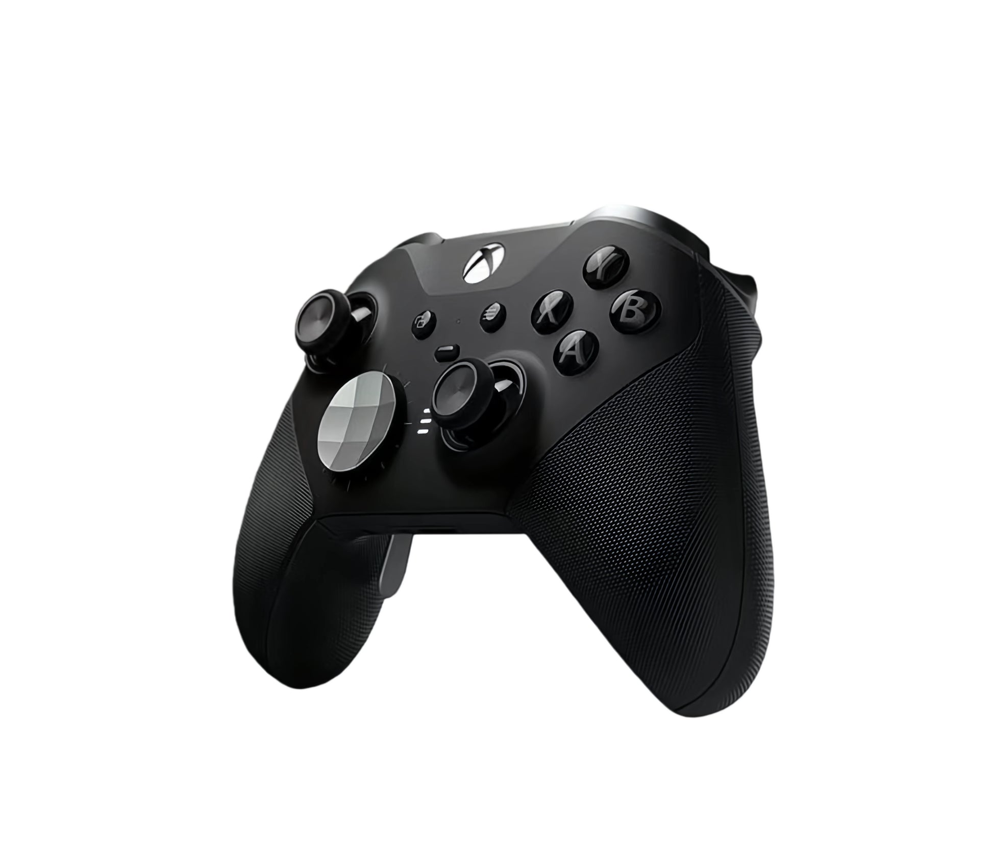 ¾ front view of black Xbox Elite Series 2 wireless controller featuring textured grips, metal triggers, and interchangeable D-pad.