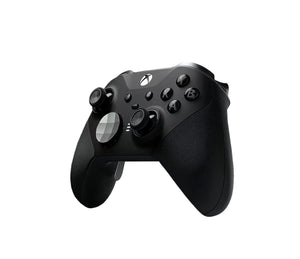 ¾ front view of black Xbox Elite Series 2 wireless controller featuring textured grips, metal triggers, and interchangeable D-pad.